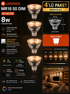 Avarson (4 Adet) Ledvance 12V Ac/dc 8W (50W) Dimli 2700K (Sarı Işık) Gu5.3 Duylu LED Çanak Ampul
