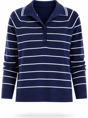 5in1Canpolat Lacivert Polo Yaka Çizgili Triko Kazak 1003