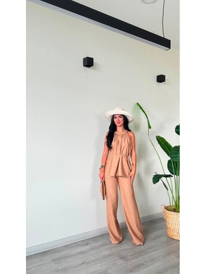 Butik Halter Yaka Bluz ve Bol Paça Pantolon Ikili Kombin Takım - Şık Yazlık Kadın Takım