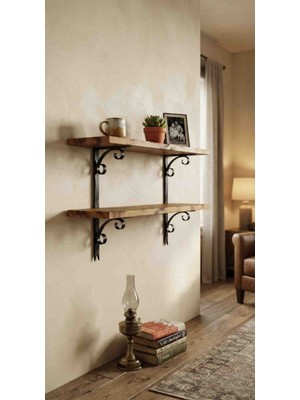 Dekoriye Antik Ferforje Duvar Rafı 2'li Set Ahşap Duvar Rafı Modelleri - 75X14 cm Ferforje Askılı 2'li Raf Seti Kitaplık