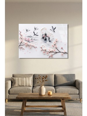 Vitraum Geleneksel Çin Sanatı Sakura Dalları ve Turna Kuşu Yatay Cam Tablo