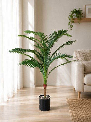 Yapay Çiçekçiniz Taş Detaylı Siyah Saksıda 90 cm 12 Dallı Yapay Areka Ağacı