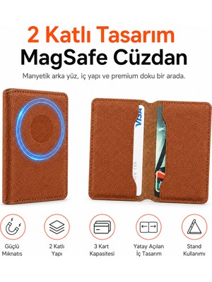 Ayers Erkek 2 Katlı Magsafe Manyetik Telefon Cüzdanı Standlı Kartlık, 3 Kart Kapasiteli Ince Tasarım, iPhone 12 / 13 / 14 / 15 / 16 / 17 Serisi Uyumlu Premium Cüzdan