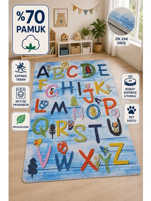 Halı Atölyesi Çocuk Halısı ve Bebek Halısı Yıkanabilir Kaymaz Taban Figürlü Mavi Dijital Baskı Halı