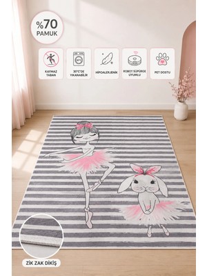 Halı Atölyesi Çocuk Halısı ve Bebek Halısı Yıkanabilir Kaymaz Taban Figürlü Gri Pembe Dijital Baskı Halı