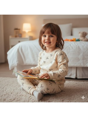 Erca Home Tekstil Ürünleri % 100 Pamuklu Penye Kız Bebek Pijama Takımı Ekru 6/9 Ay Pijama Kız