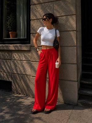 Butik Yüksek Bel Lastikli Ipli Cepli Rahat Kesim Keten Pantolon