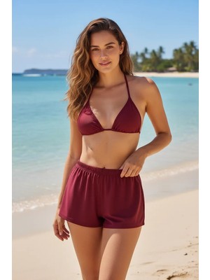Nemere Bordo Şortlu Bağlamalı Bikini Takımı Üçgen Kesim Ayarlanabilir Esnek Kumaş Kadın Mayo Seti
