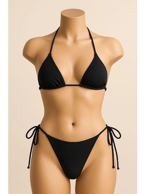 Nemere Kadın Siyah Bikini Mayo Takımı Yandan ve Boyundan Bağlamalı Şık Plaj ve Havuz Seti
