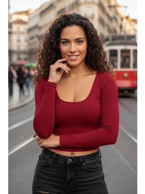 Nemere Bordo Derin U Yaka Crop Top Uzun Kollu Dar Kesim Kadın Bluz
