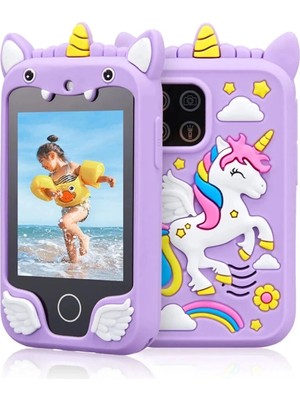 Nemere Çocuklar Için Eğitici Telefon Dokunmatik Ekran Çift Kameralı Fenerli Müzik Çalar Oyun Video Mor