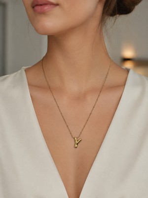 Y Harfli Gold Renk Aralıklı Top Detaylı Minimal Zincir Kolye 40-45 cm
