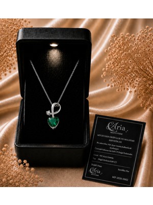 Eva's Jewellery Diamonds Gerçek Pırlantalı Kalp Zümrüt Kolye, 18 Ayar Altın Kaplama 925 Ayar Gerçek Gümüş, Işıklı Kutu ve Sertifikalı