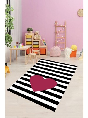1001 Pelangi Siyah Kalp Desenli Halı, Siyah-Kırmızı 100 x 150