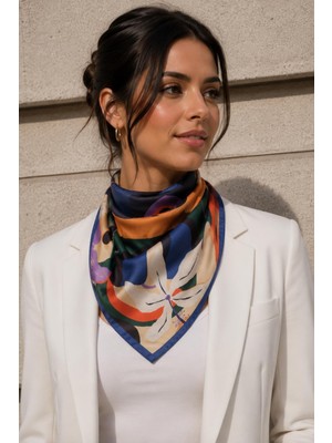 1001 Soyut Çiçek Desen Saks Mavi-Turuncu Soft Bandana Fular 50X50 cm