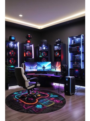1001 Perk Gamer Halısı Şönil Pamuk Tabanlı Kaymaz Yuvarlak Gaming Oyuncu Odası Halısı 100X100