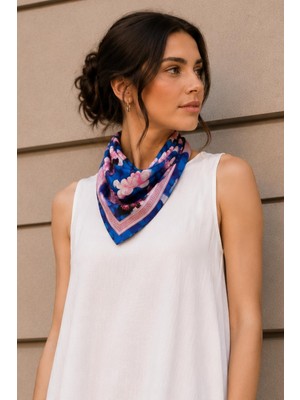 1001 Çiçek Desen Saks Mavisi-Pembe Soft Bandana Fular 50X50 cm
