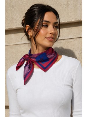 1001 Dört Parça Çiçek Desen Mercan-Lila Soft Bandana Fular 50X50 cm