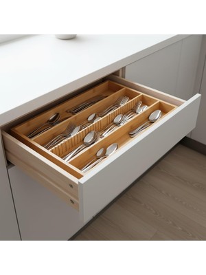 1001 Bambu Çekmece Içi Düzenleyici (37.5X25X4 Cm) | 4 Bölmeli, Hareketli Ayırıcılar | Kaşıklık