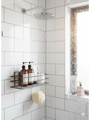 1001 Yapışkanlı Siyah Banyo ve Mutfak Rafı – Tek Katlı Düz Şampuanlık ve Baharatlık, Delmeden