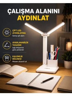 Nemere Ithalat Kısılabilir LED Masa Lambası – Kalemlik ve Telefon Standlı, Göz Yormayan Işık Yeni Nesil