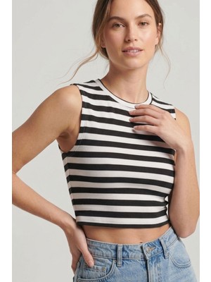 Moda Erva 34 Bisiklet Yaka Çizgili Sıfır Kol Crop Tişört