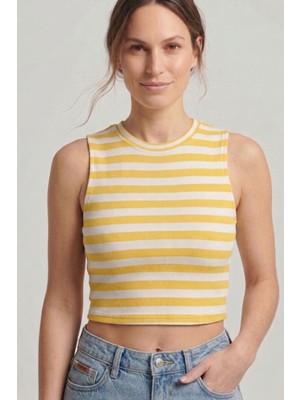Moda Erva 34 Bisiklet Yaka Çizgili Sıfır Kol Crop Tişört