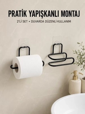 Nemere Ithalat 2 Adet Yapışkanlı Wc Kağıtlık Siyah Metal Pratik Duvar Tipi Rulo Tutucu