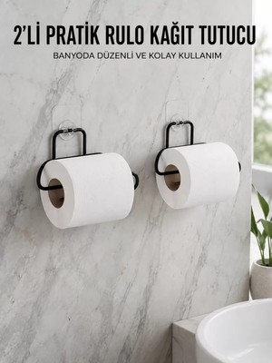 Nemere Ithalat 2 Adet Siyah Yapışkanlı Kağıtlık Duvar Tipi Tuvalet Kağıdı ve Rulo Tutucu