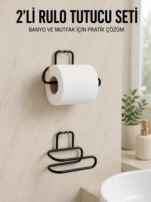Nemere Ithalat 2’li Yapışkanlı Tuvalet Kağıdı Tutucu Siyah Metal Duvar Tipi Rulo Kağıtlık