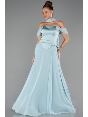 Abiyefon Kayık Yaka Saten Peplum Kesim Uzun Şifon Abiye ABU5327