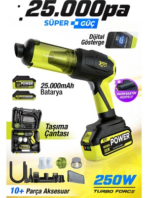 7go 7gab-04 25.000 Pa Şarjlı Araç Süpürgesi ve Hava Üfleme Makinesi – 90.000 Rpm Fırçasız Motor, 2'si 1 Arada Güçlü Vakum & Üfleme
