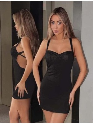 Nemere Şık Tasarım Sırt Dekolteli Siyah Mini Club Elbisesi