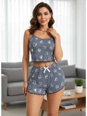 Nemere Kadın Gri Kalp Desenli Askılı Şortlu Pijama Takımı