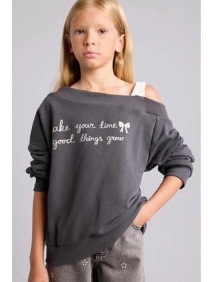 DeFacto Omzu Açık Fiyonk ve Baskılı Sweatshirt Kız Çocuk I7427A826AU
