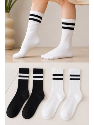 Miniğimin Cicileri Çizgi Detaylı Unisex Çocuk 2 Li Uzun Çorap Seti - Siyahbeyaz