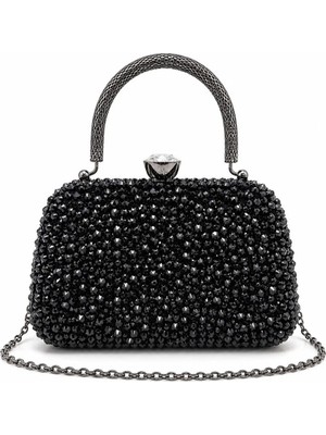 Dilora Kadın Siyah Kristal Taşlı Abiye Çanta Clutch Portföy Zincir Askılı Düğün Nişan Gece Çantası