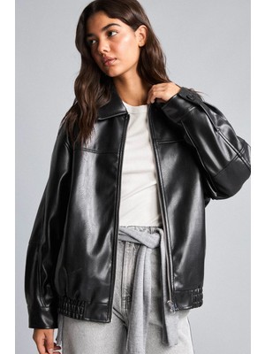 DeFacto Dad Fit Polo Yaka Beli Lastikli Fermuarlı Suni Deri MONT H1870AX26AU