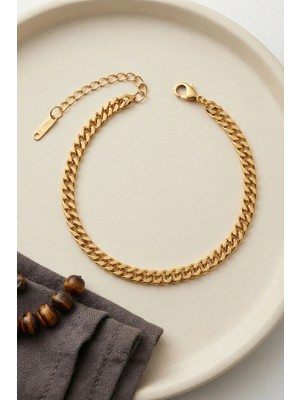 Clariss 316L Çelik Gold Renk Ince Cuban Zincir Model Erkek Bileklik