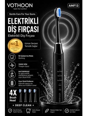 Zenviaa Şarjlı Diş Fırçası 15000 Vpm Titreşim Gücü, 500MAH Batarya, 5 Temizlik Modu Siyah Z