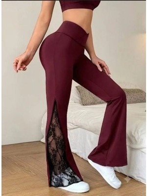 Nemere Kadın Yüksek Bel Yandan Dantel Detaylı Paçaya Doğru Geniş Dalgıç Tayt Pantolon