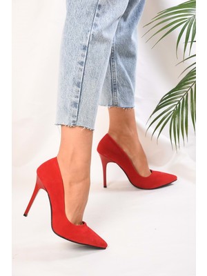 Shoeberry Kadın Kırmızı Süet Klasik Topuklu Stiletto 11 cm Yüksek Topuklu Jurdan Taban