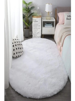 Aymira Home Home Post Peluş Oval Halı Beyaz Tüylü Yumuşak, Yıkanabilir, Kaymaz Taban Dekoratif