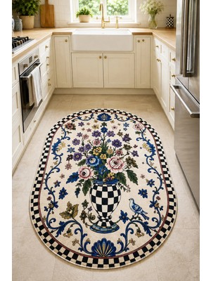 Aymira Home Dijital Baskı Dört Mevsim Kaymaz Taban Yıkanabilir Mutfak Oda Halısı Daire Yolluk Oval
