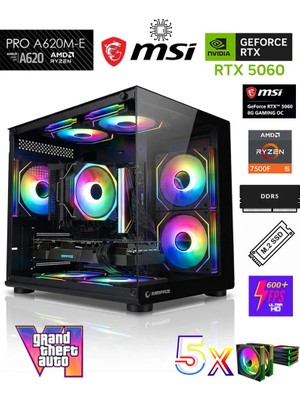 Zeiron GTA-VI Black AMD Ryzen 5 7500F-MSI A620M-B/ MSI Geforce RTX 5060 X2 Ice/1TB M.2/16GB DDR5 Siyah-Oem Oyuncu Paket