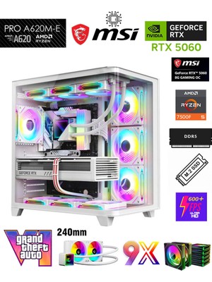 Zeiron Mirage X50 White AMD Ryzen 5 7500F-MSI A620M-B/ MSI Geforce RTX 5060 X2 Ice/1TB M.2/16GB DDR5 Sıvı Soğutmalı Beyaz-Oem Oyuncu Paket