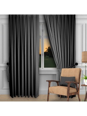 Deco Perde Koyu Gri Ada Fon Perde Pilesiz Etraforlu Düz Dikim Büzgü Pile Koyu Gri 140 x 250