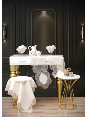 Ceki Home Krem-Kapiçino Bellisima Model 5 Parça Keten Dantelli Salon Takımı Runner Seti No 800