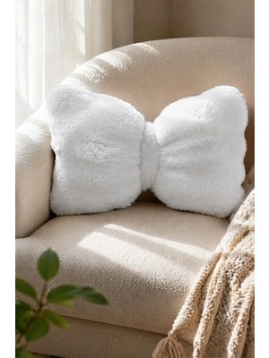 Dekomod Peluş Puffy Dekoratif Fiyonk Yastık Kırlent Pofuduk Dolgulu Beyaz 1 Adet 30X50 cm