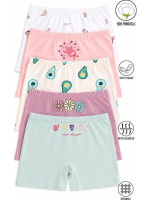 Özkan Underwear Özkan 41602 5'Li Paket Kız Çocuk Karışık Renkli Desenli Pamuklu Yumuşak Rahat Şort Boxer
